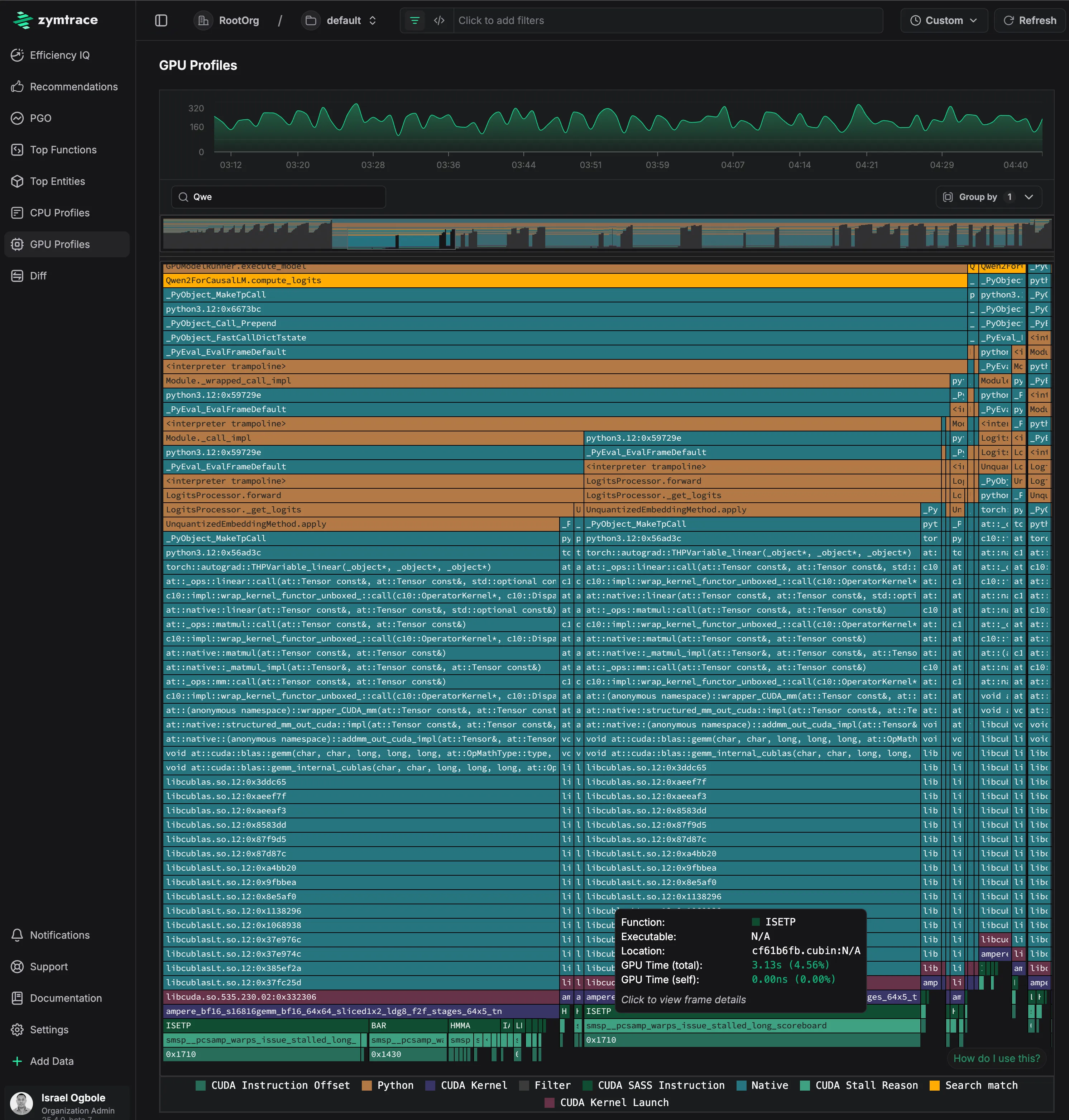 zymtrace AI flamegraph of the DeepSeek-R1 model